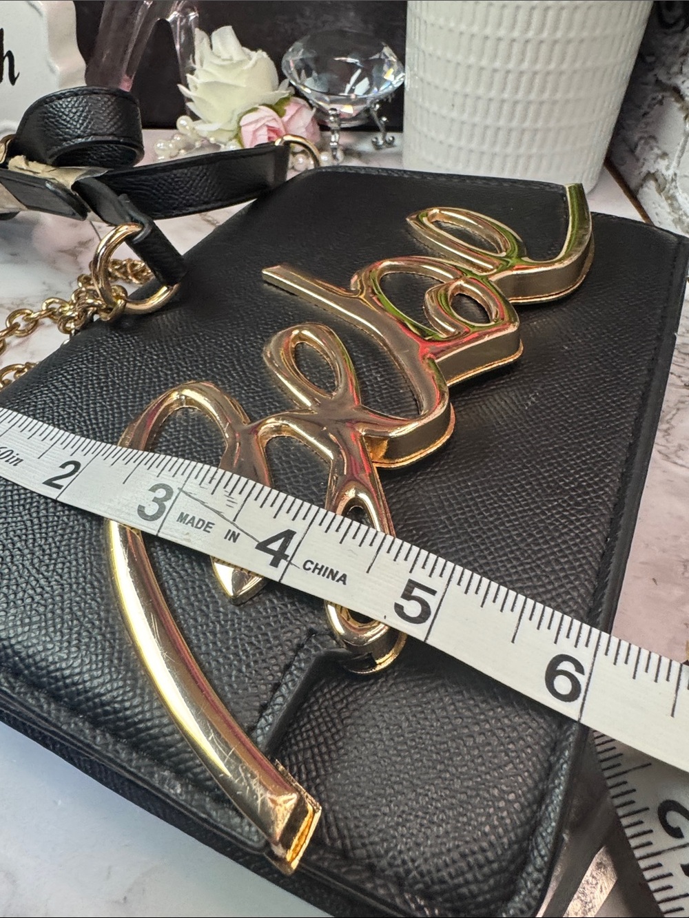 bebe Black Crossbody Bag with Gold Script and Chain - Picture 11 of 13